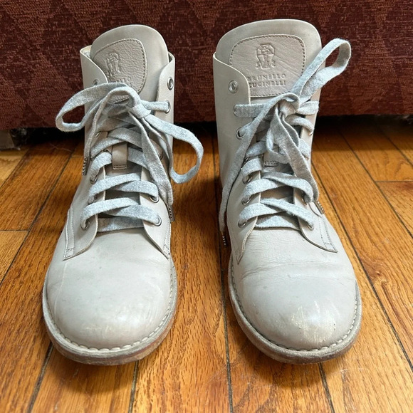 Brunello Cucinelli Shoes - Brunello Cucinelli Grey Leather 7 hole Combat  Boots, size 38.5